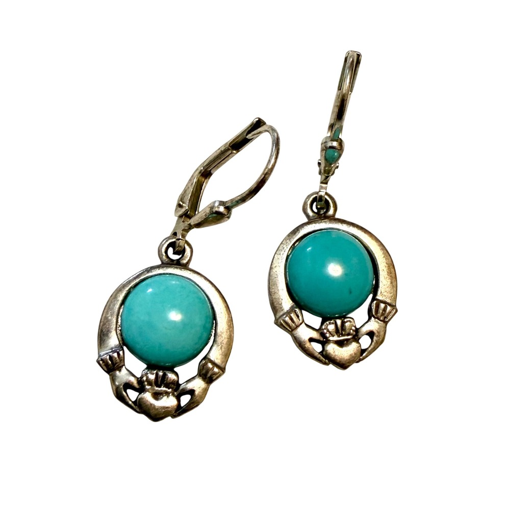 Vintage Sterling Silver Heart Earrings Ireland 925 Turquoise Claddagh Celtic